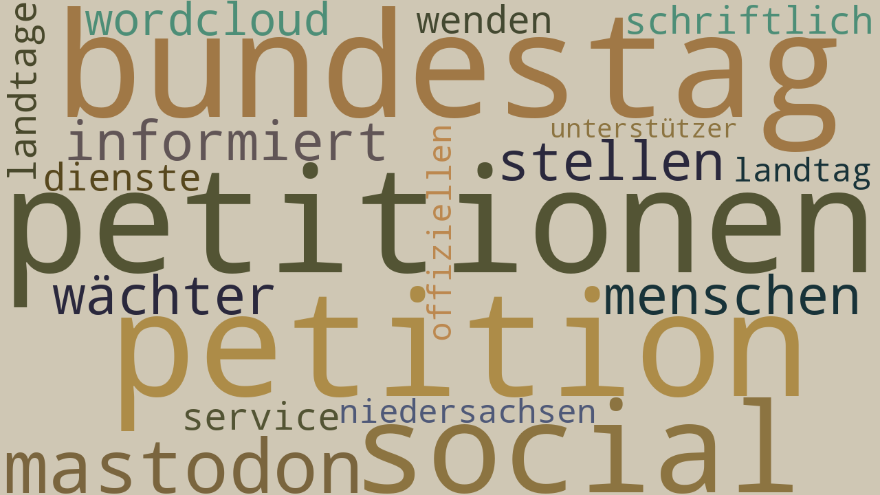 Wordcloud dieser Seite mit den Schlagworten: petitionen bundestag petition social mastodon informiert stellen menschen